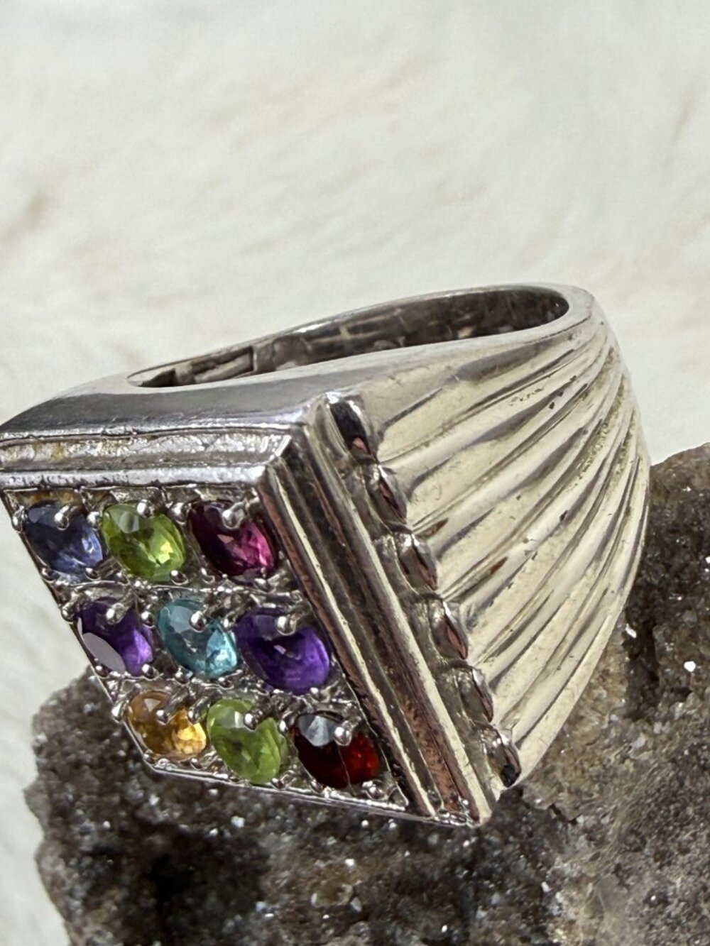 Karis Stainless Steel w/ Multi-Gemstone Silver Tone Ring Size 10.5 - Picture 3 of 12